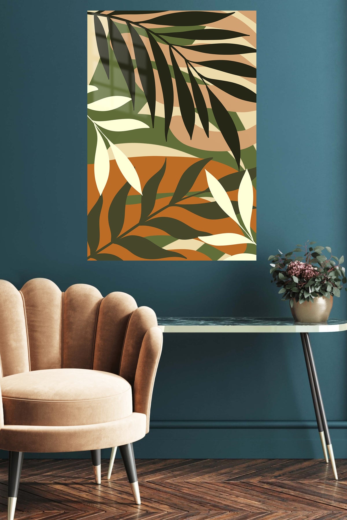 Earthy Botanical Canopy metal wall art displayed in a contemporary living space