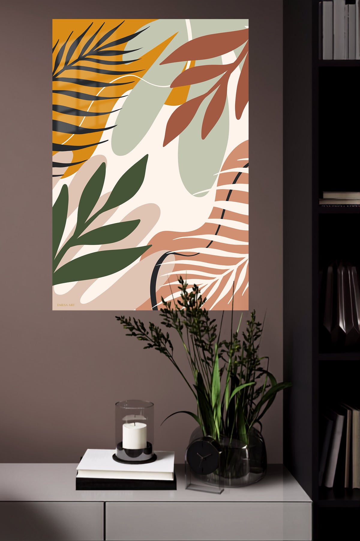 Earthy Botanical Layers metal wall art displayed in a modern interior
