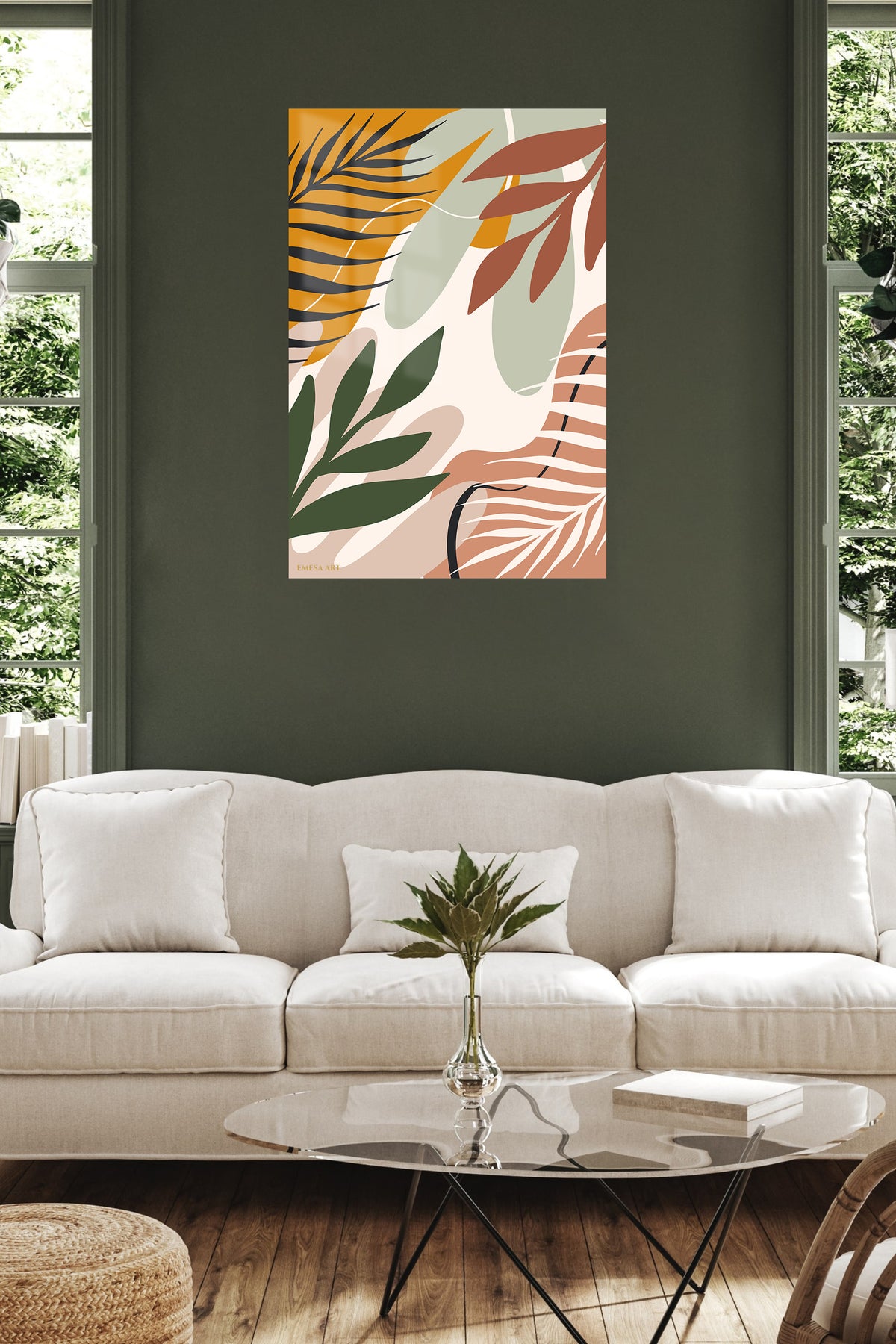 Earthy Botanical Layers metal wall art displayed in a contemporary living space