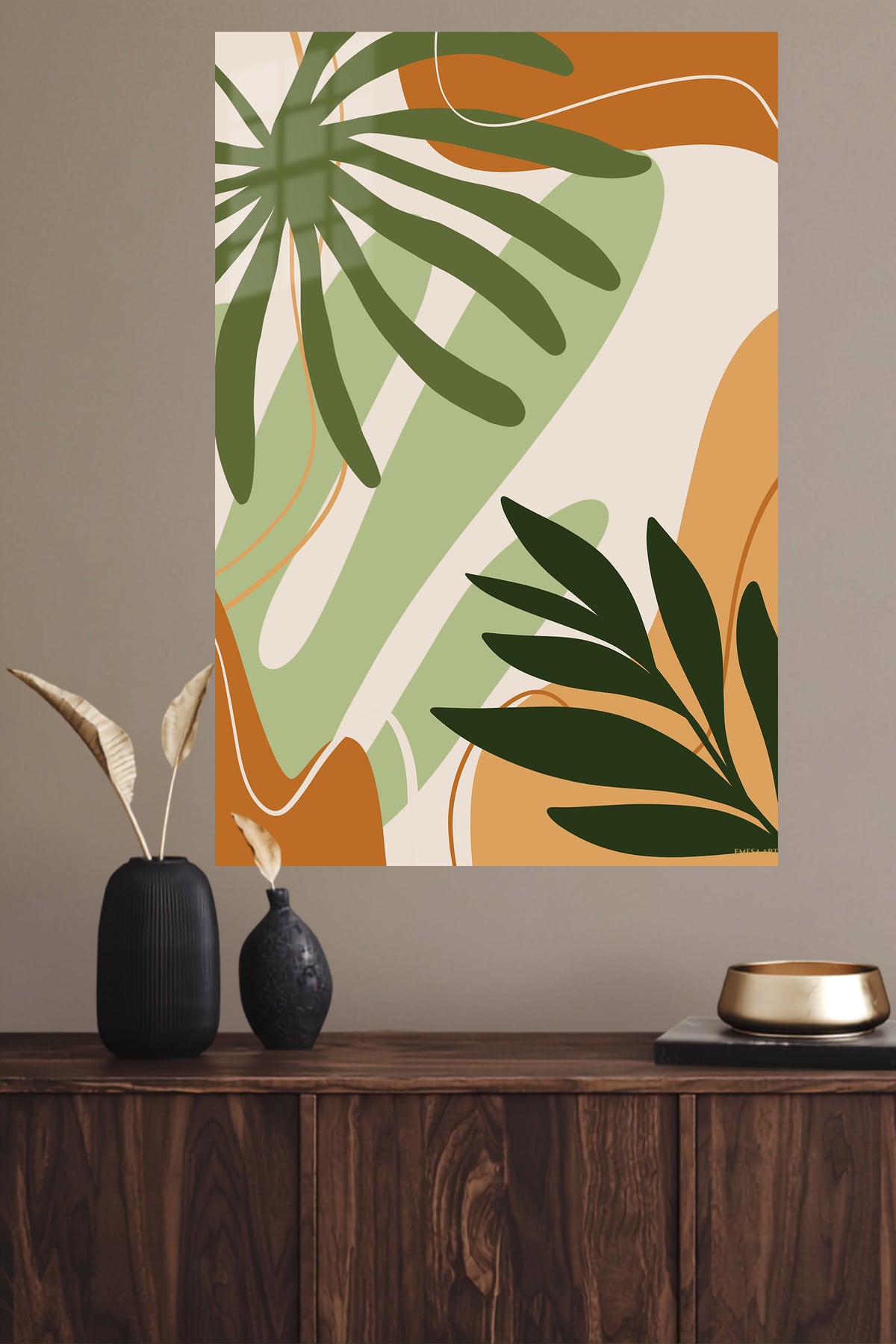 Abstract Tropical Foliage metal wall art displayed in a modern interior
