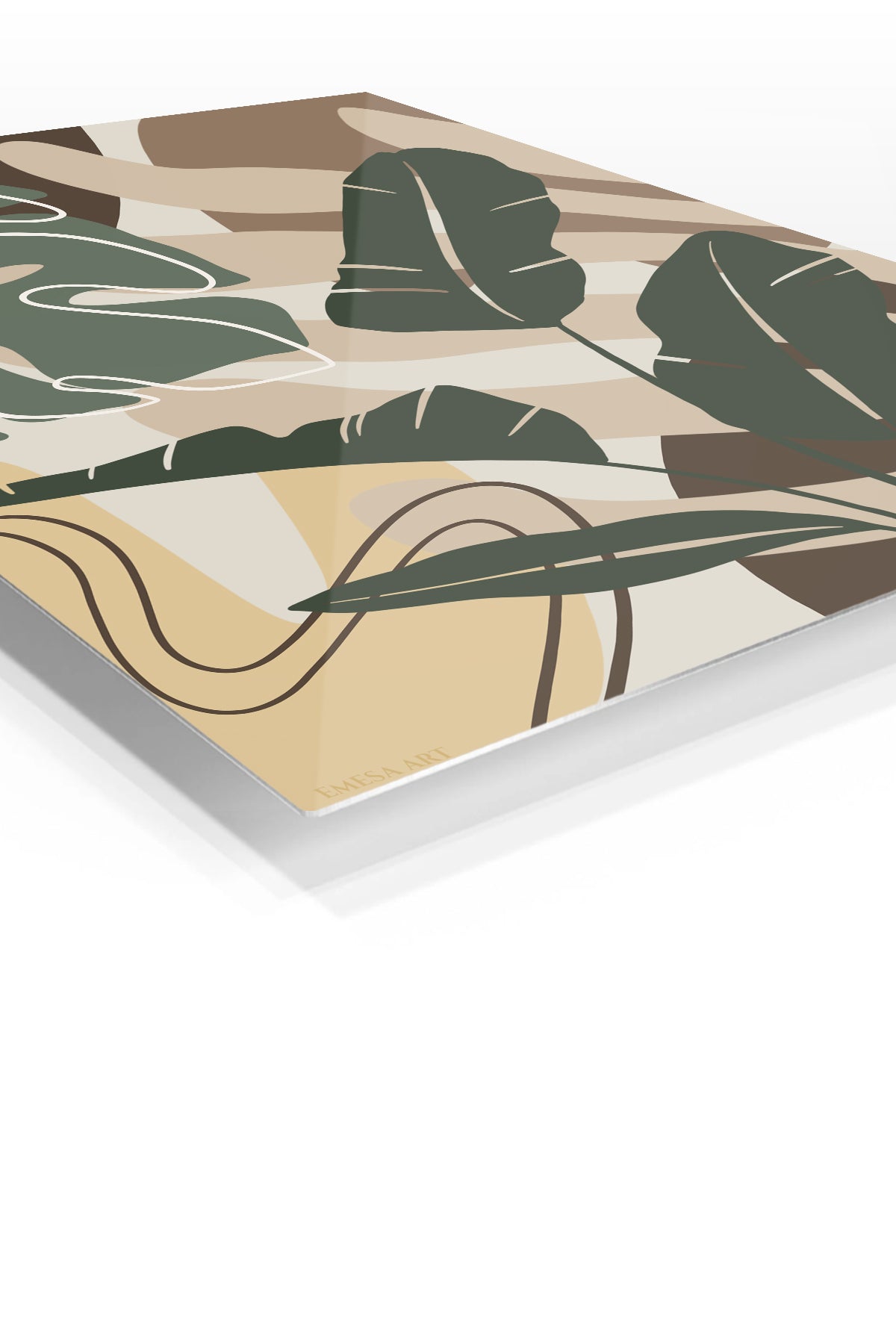 Earthy Tropical Leaves premium metal wall art – angled view