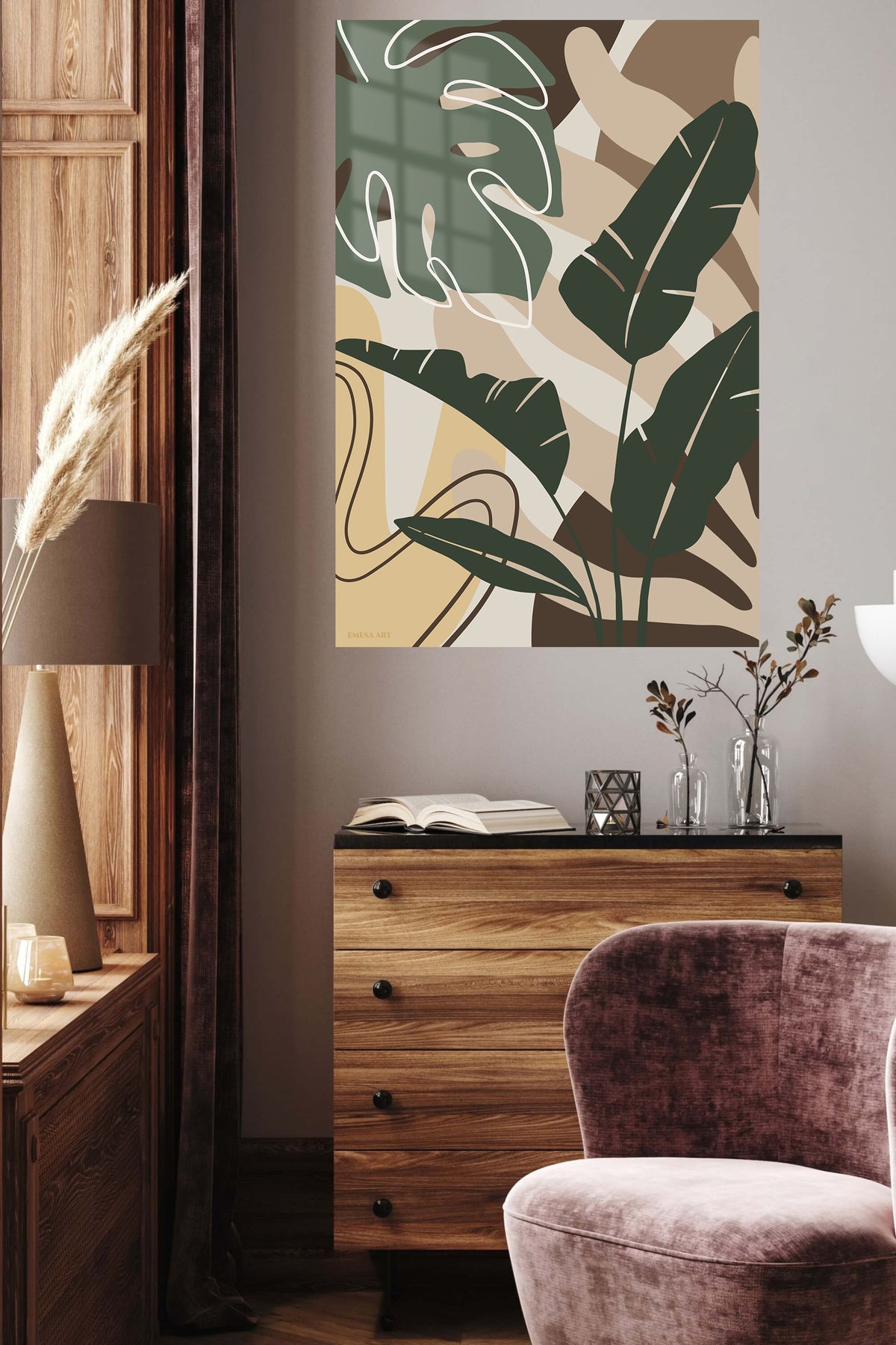 Earthy Tropical Leaves metal wall art displayed in a contemporary living space