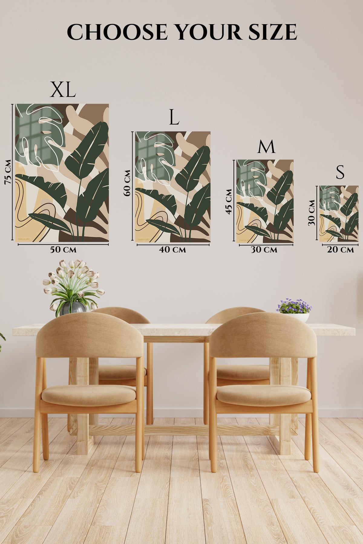 EMESA metal wall art size comparison guide for Earthy Tropical Leaves