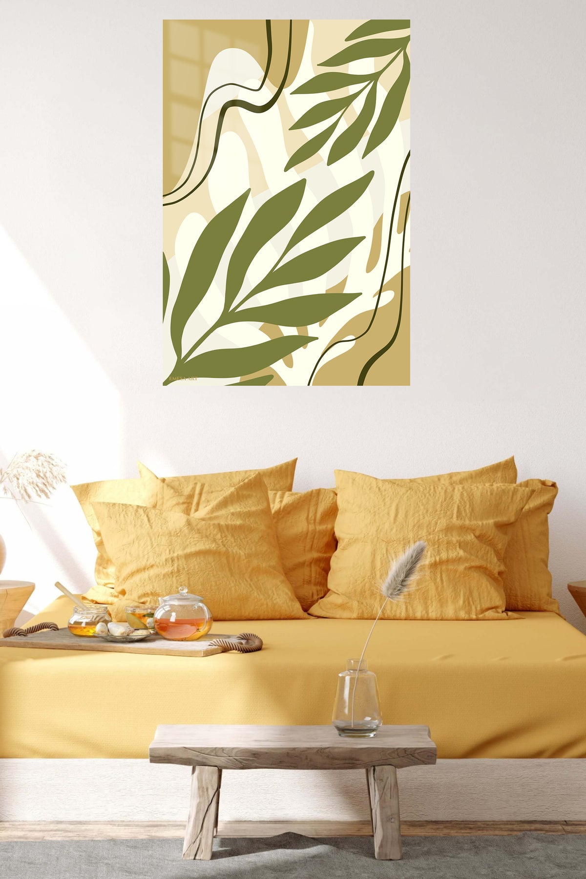 Olive Botanical Flow metal wall art displayed in a contemporary living space
