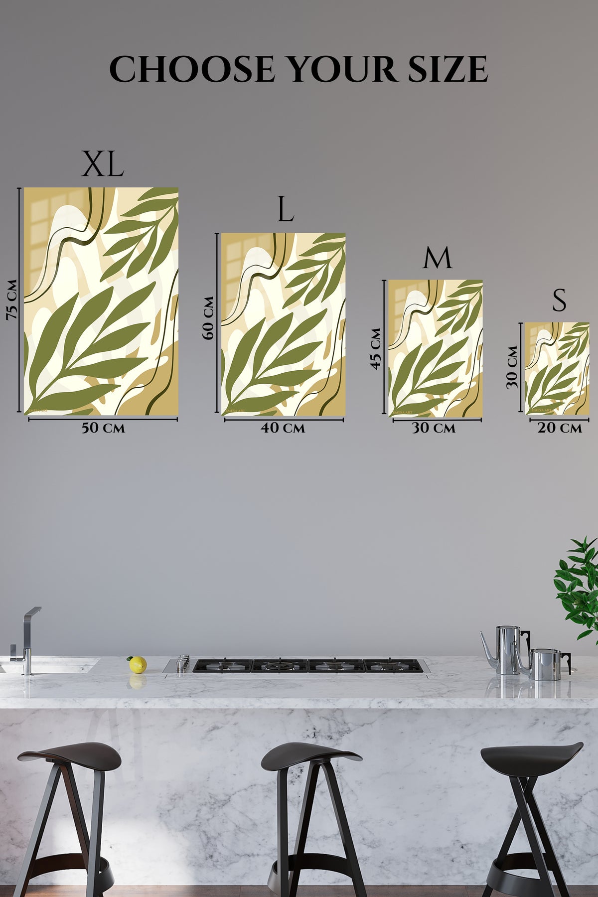 EMESA metal wall art size comparison guide for Olive Botanical Flow