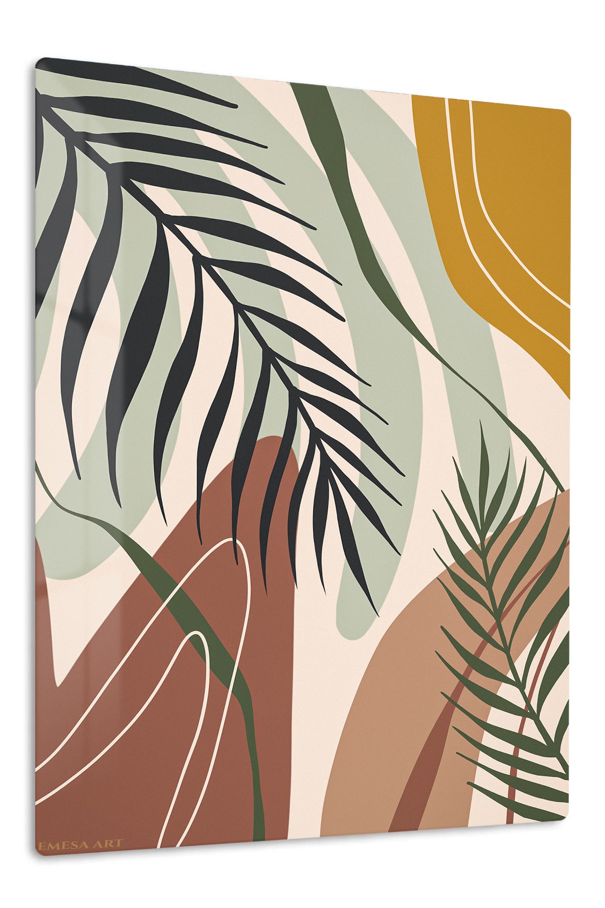 Earthy Tropical Leaves premium metal wall art – front view