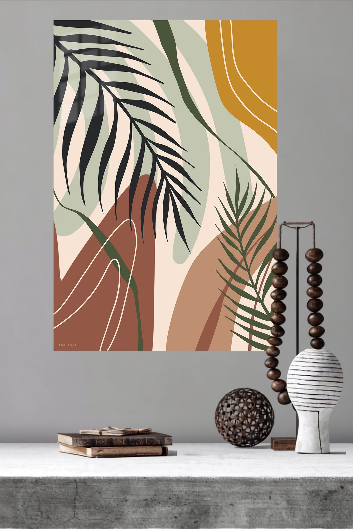 Earthy Tropical Leaves metal wall art displayed in a modern interior