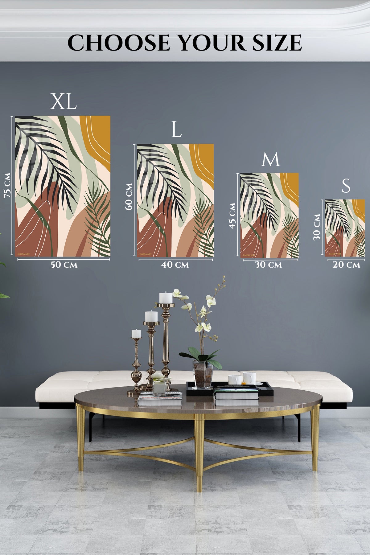 EMESA metal wall art size comparison guide for Earthy Tropical Leaves