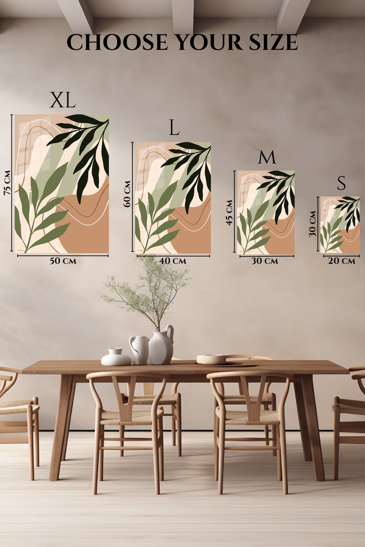 EMESA metal wall art size comparison guide for Earthtone Botanical Silhouette