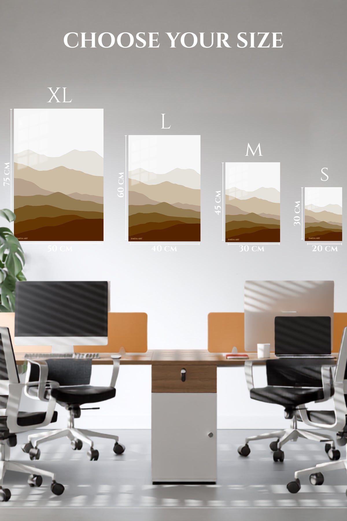 EMESA metal wall art size comparison guide for Earthtone Layered Hills
