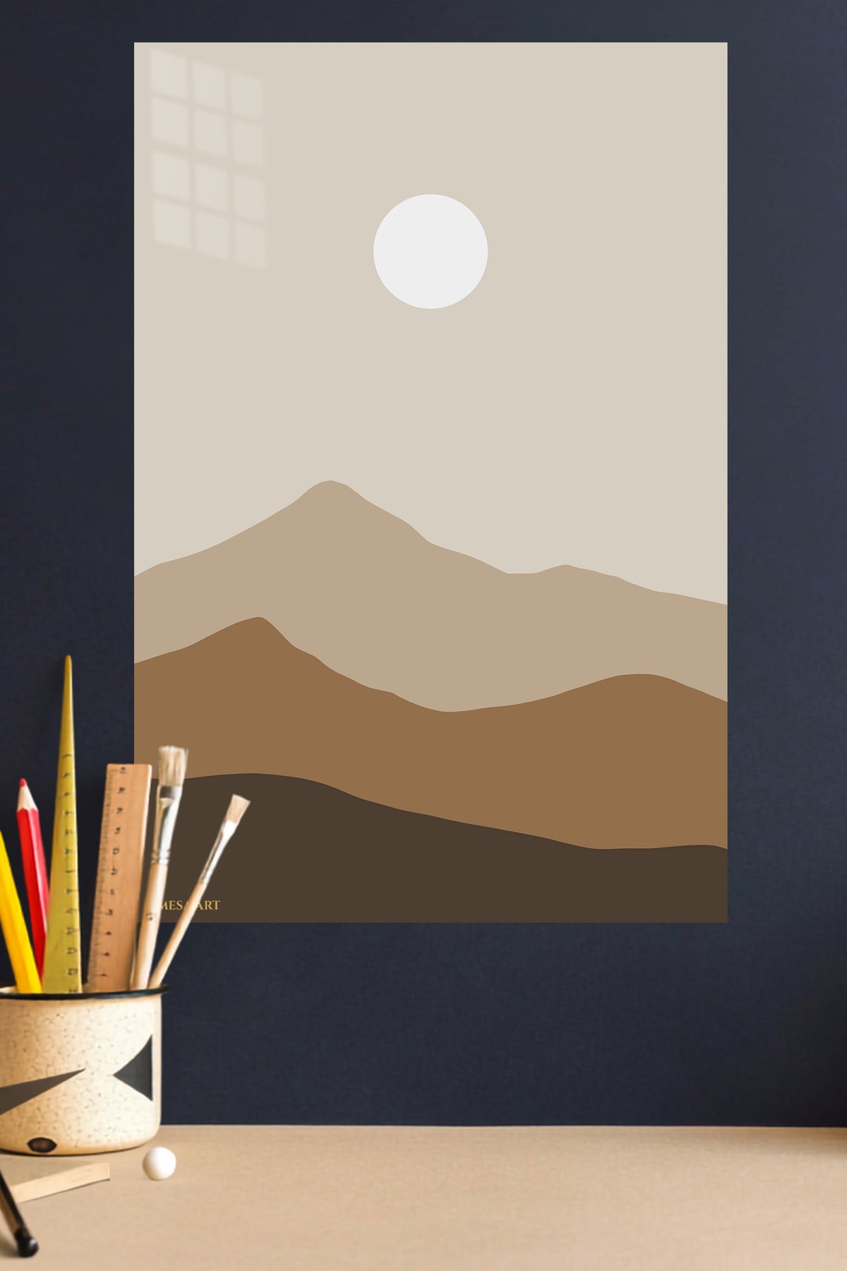 Earth Tone Mountain Sun metal wall art displayed in a modern interior