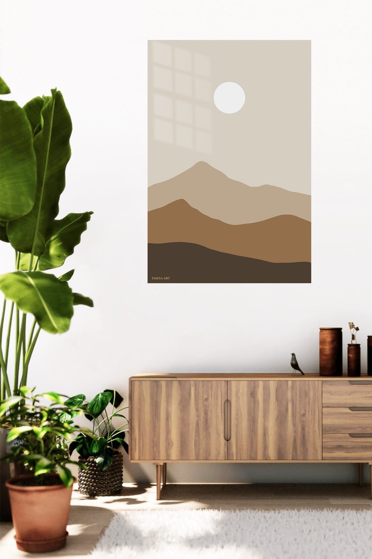 Earth Tone Mountain Sun metal wall art displayed in a contemporary living space