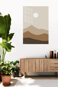 Earth Tone Mountain Sun metal wall art displayed in a contemporary living space