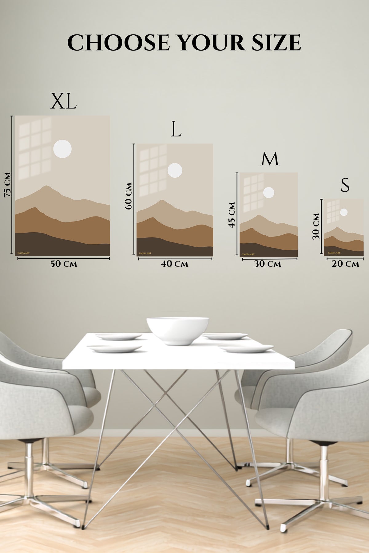 EMESA metal wall art size comparison guide for Earth Tone Mountain Sun