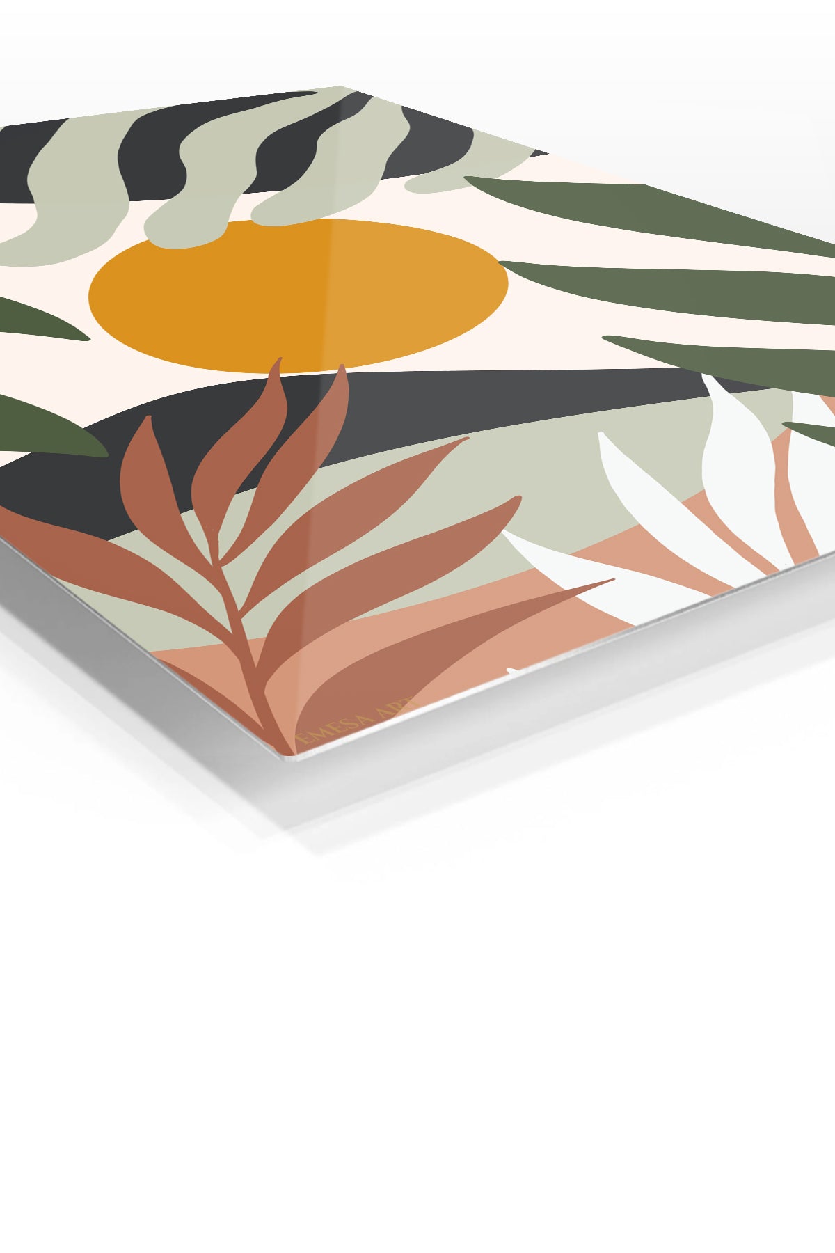 Ochre Sun Tropical Leaves premium metal wall art – angled view