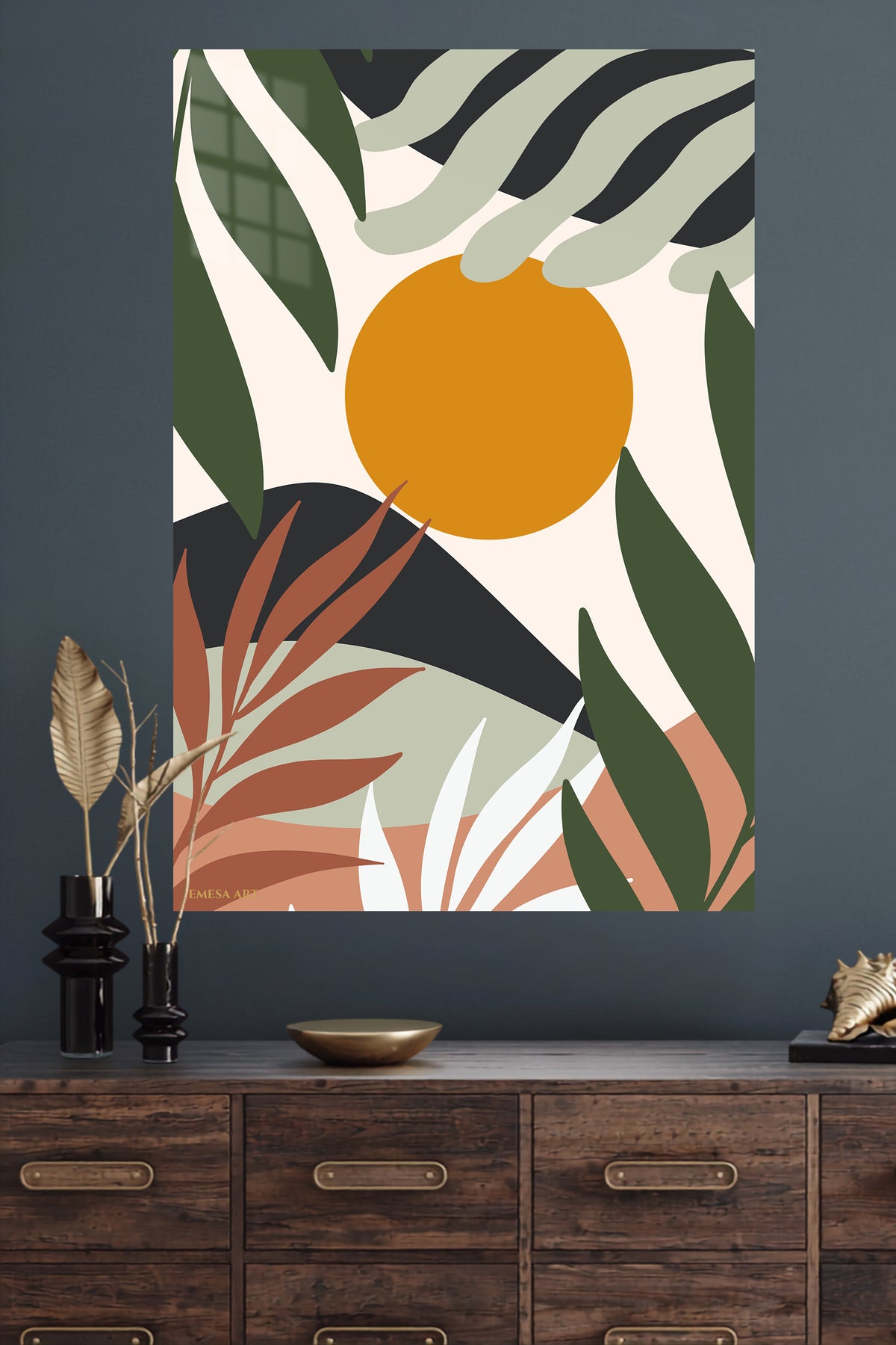 Ochre Sun Tropical Leaves metal wall art displayed in a modern interior