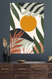 Ochre Sun Tropical Leaves metal wall art displayed in a modern interior
