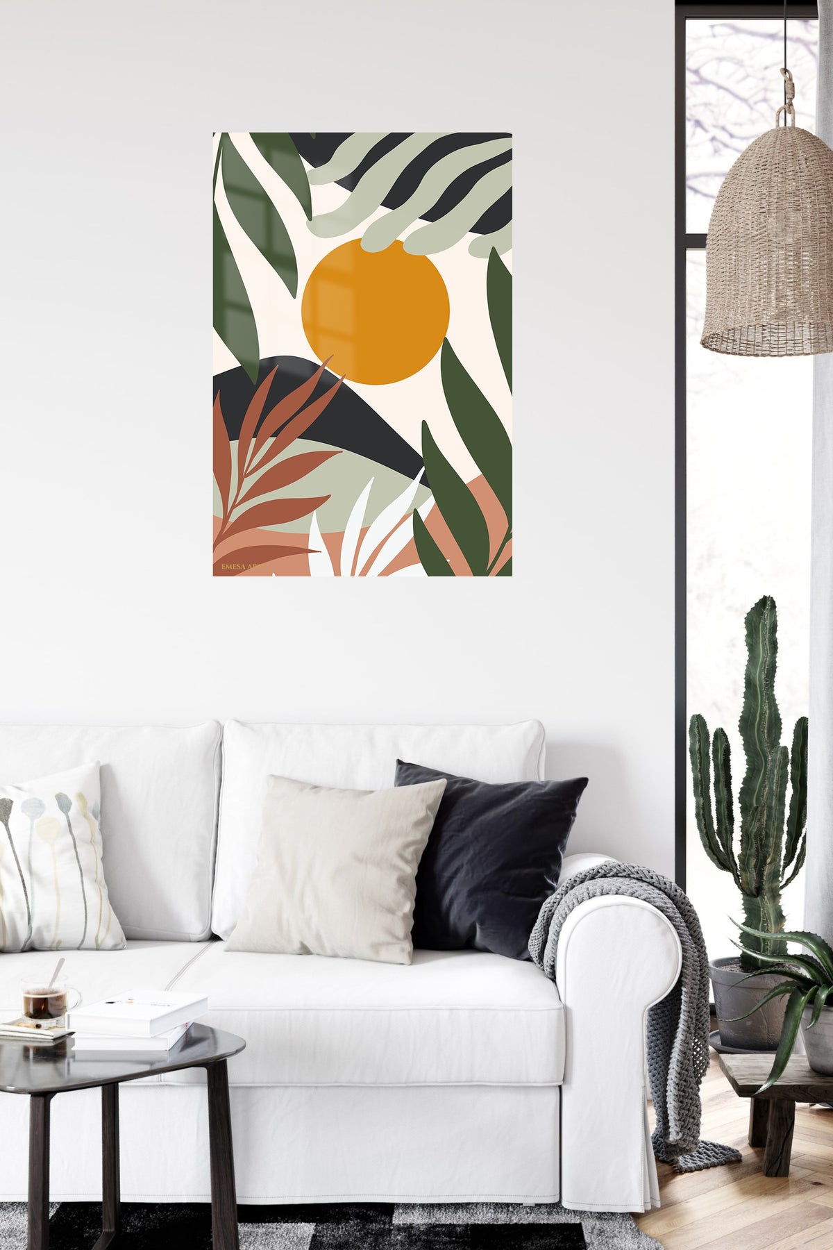 Ochre Sun Tropical Leaves metal wall art displayed in a contemporary living space