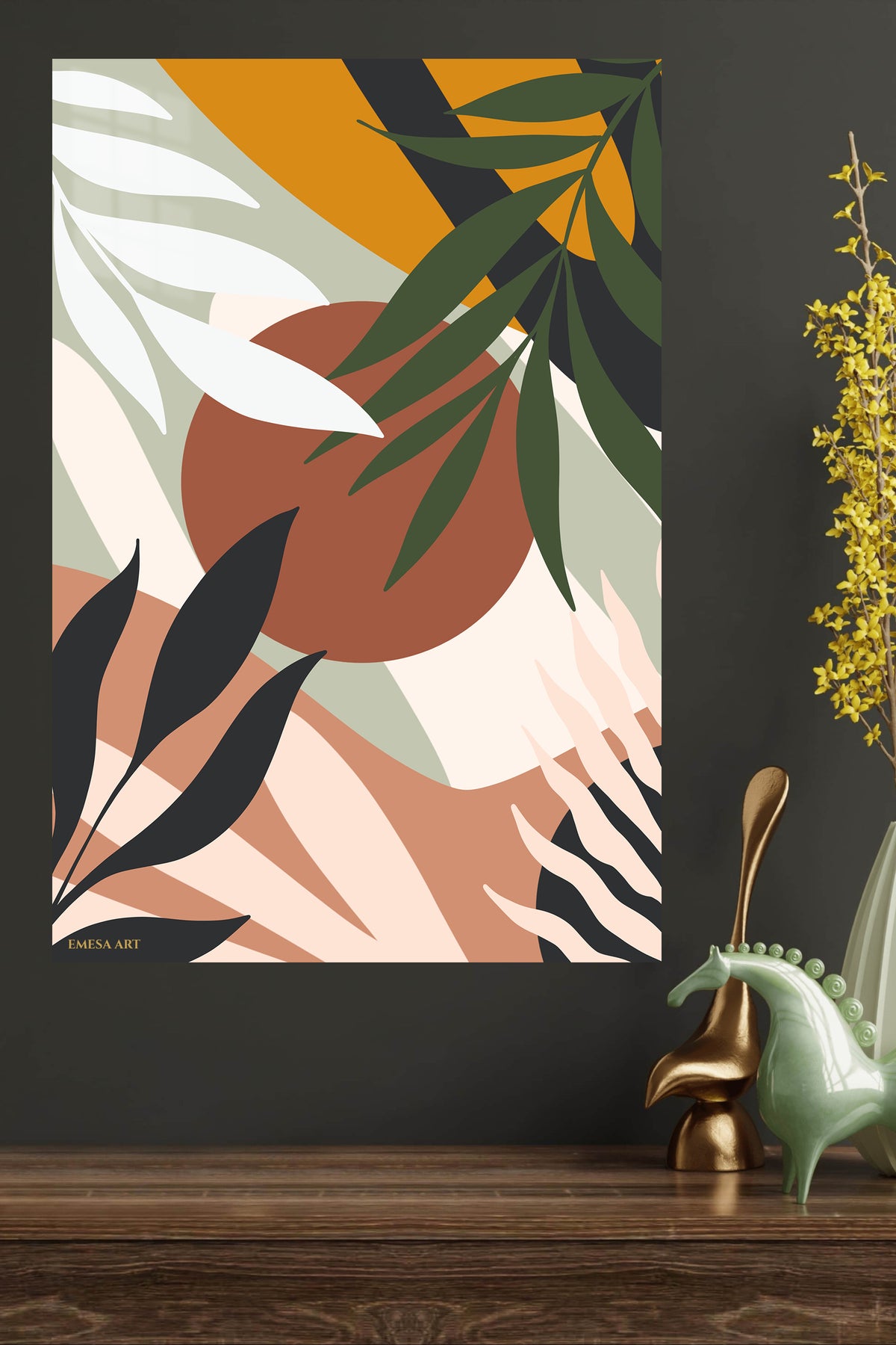 Tropical Terra Abstract metal wall art displayed in a modern interior
