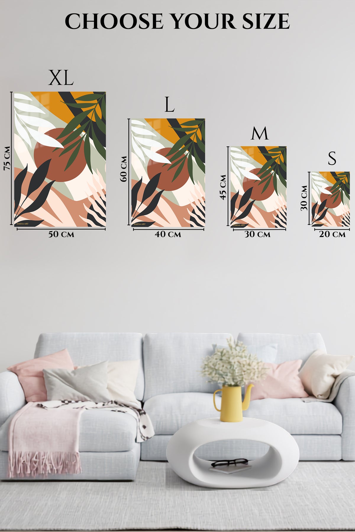 EMESA metal wall art size comparison guide for Tropical Terra Abstract