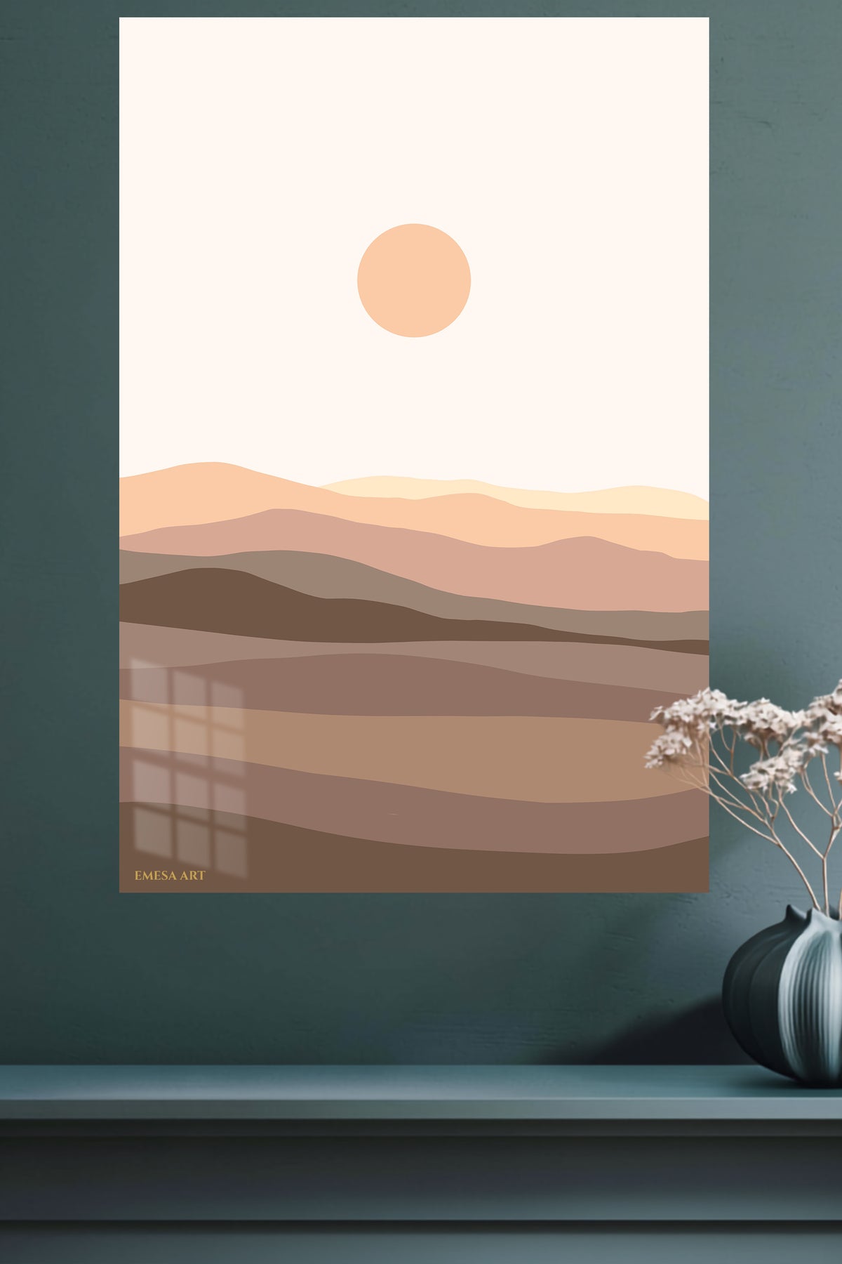 Terracotta Sun Over Layered Hills metal wall art displayed in a modern interior
