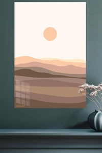 Terracotta Sun Over Layered Hills metal wall art displayed in a modern interior