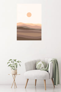 Terracotta Sun Over Layered Hills metal wall art displayed in a contemporary living space