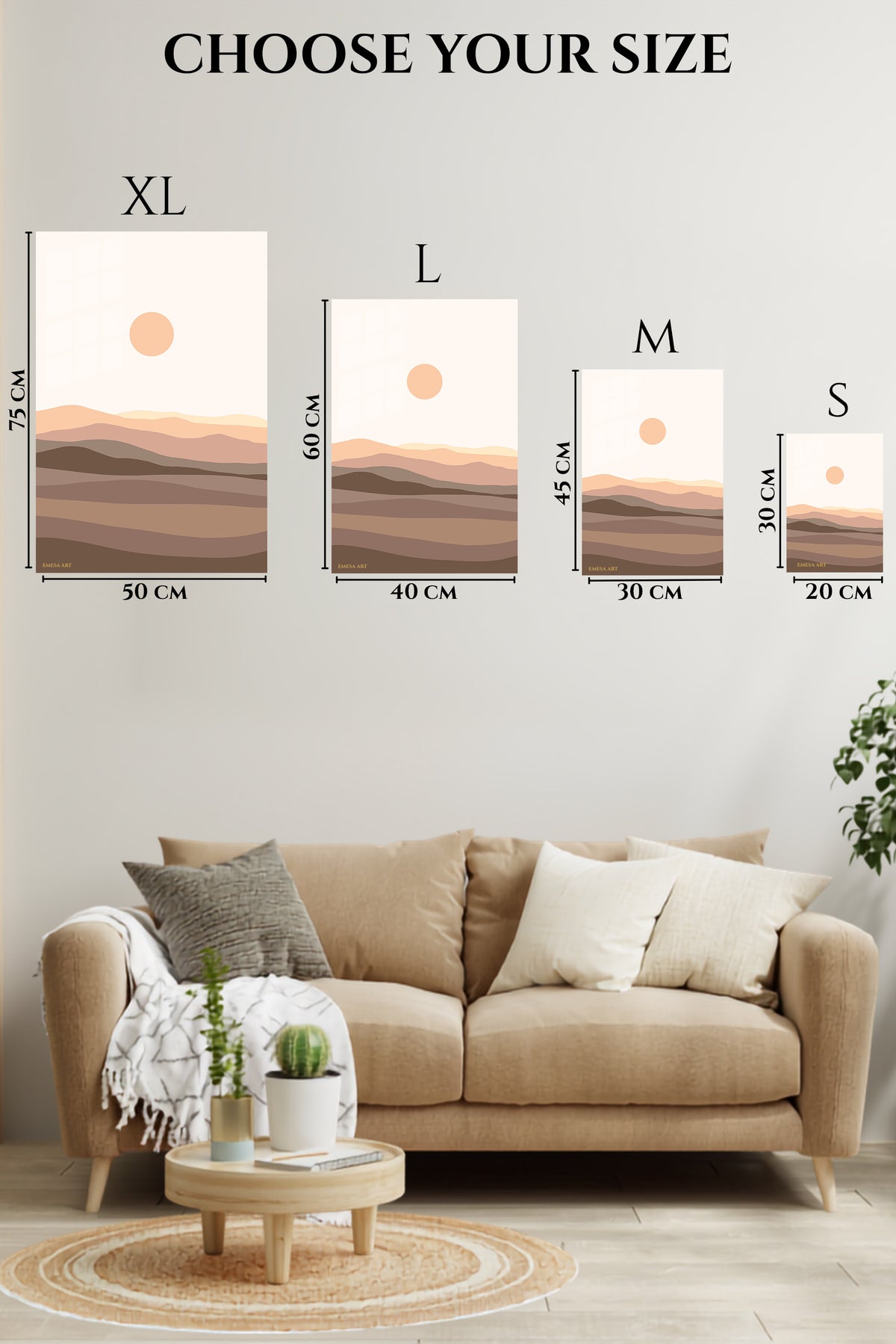 EMESA metal wall art size comparison guide for Terracotta Sun Over Layered Hills