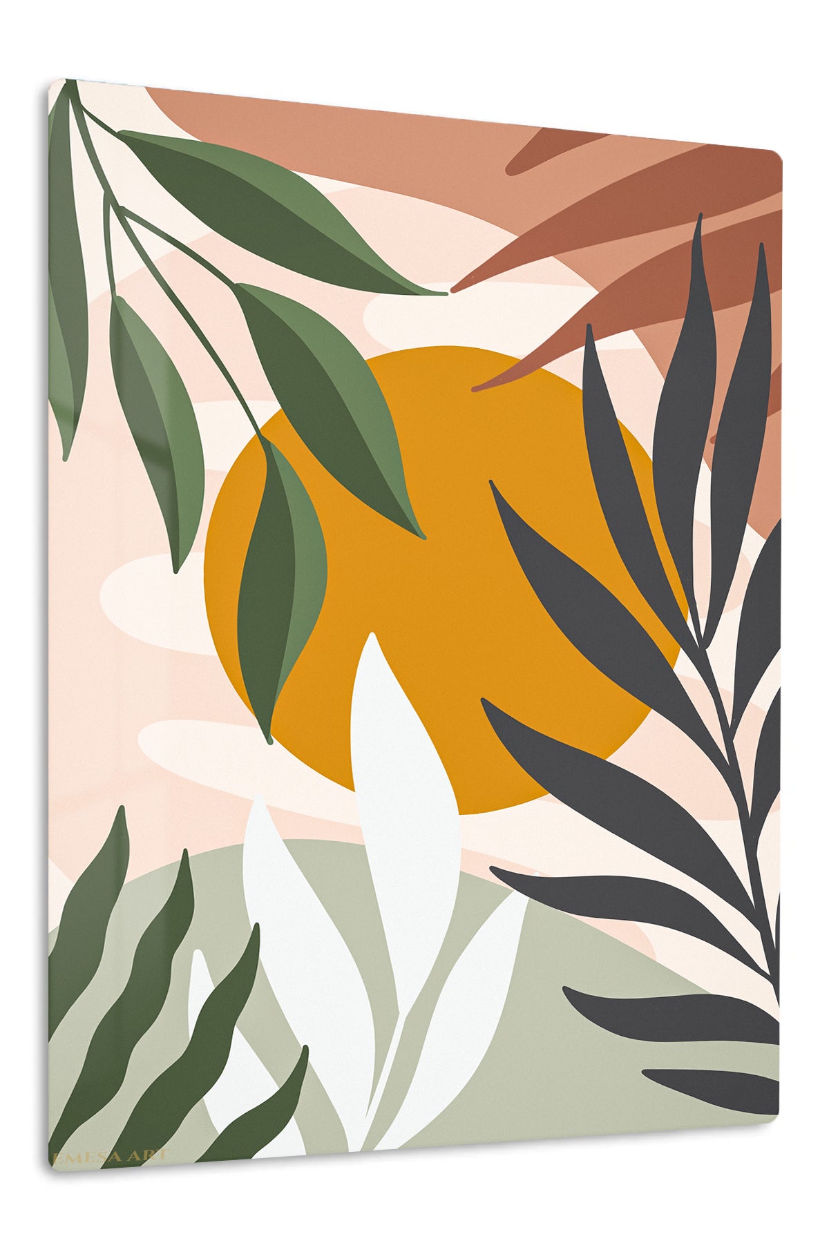 Ochre Sun Tropical Leaves premium metal wall art – front view
