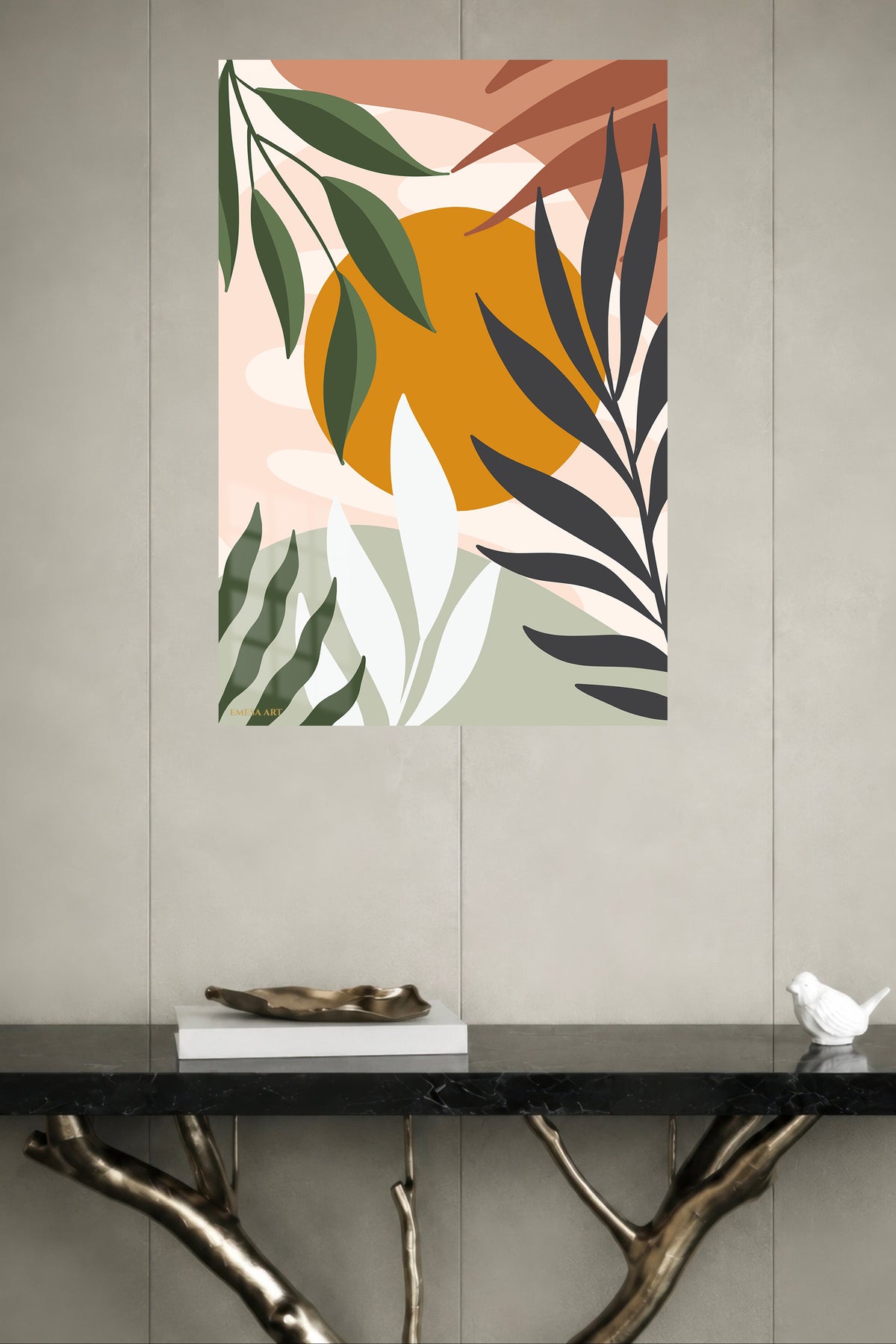 Ochre Sun Tropical Leaves metal wall art displayed in a modern interior