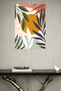 Ochre Sun Tropical Leaves metal wall art displayed in a modern interior
