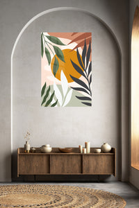 Ochre Sun Tropical Leaves metal wall art displayed in a contemporary living space