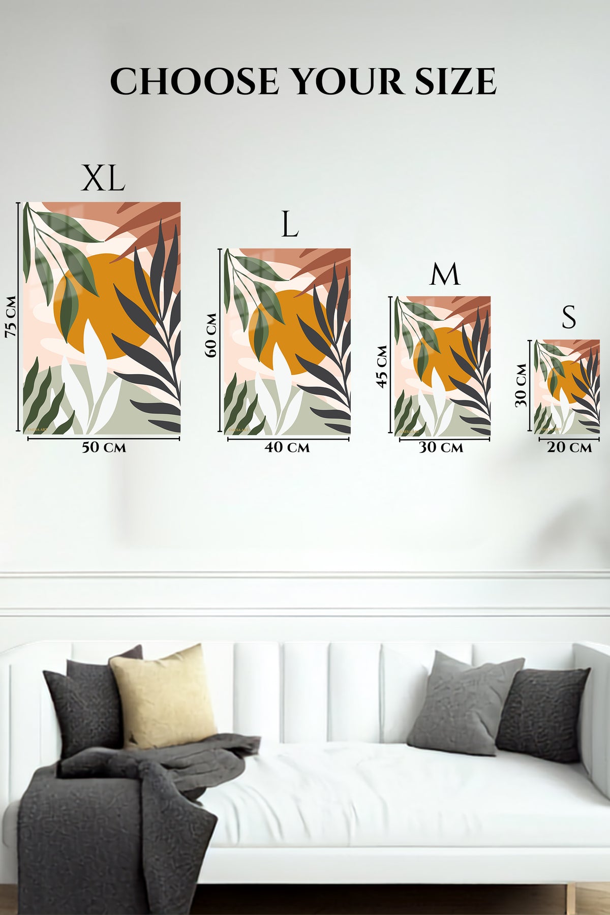 EMESA metal wall art size comparison guide for Ochre Sun Tropical Leaves