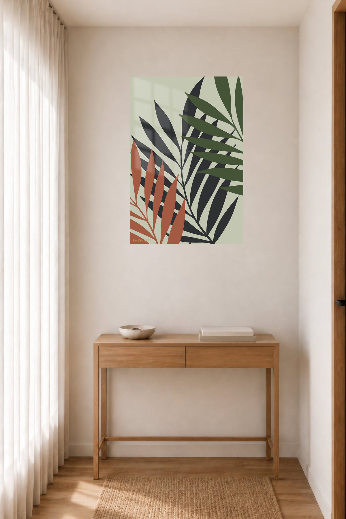 Earthy Tropical Leaf Silhouettes metal wall art displayed in a contemporary living space