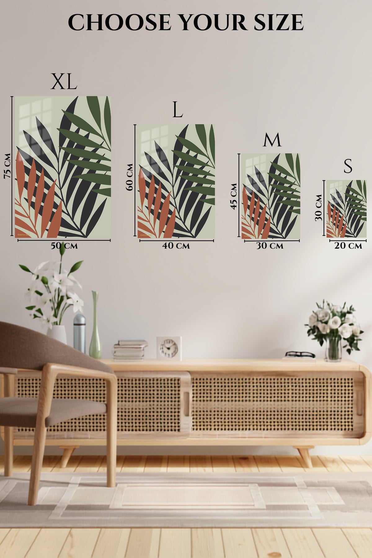 EMESA metal wall art size comparison guide for Earthy Tropical Leaf Silhouettes