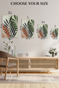 EMESA metal wall art size comparison guide for Earthy Tropical Leaf Silhouettes