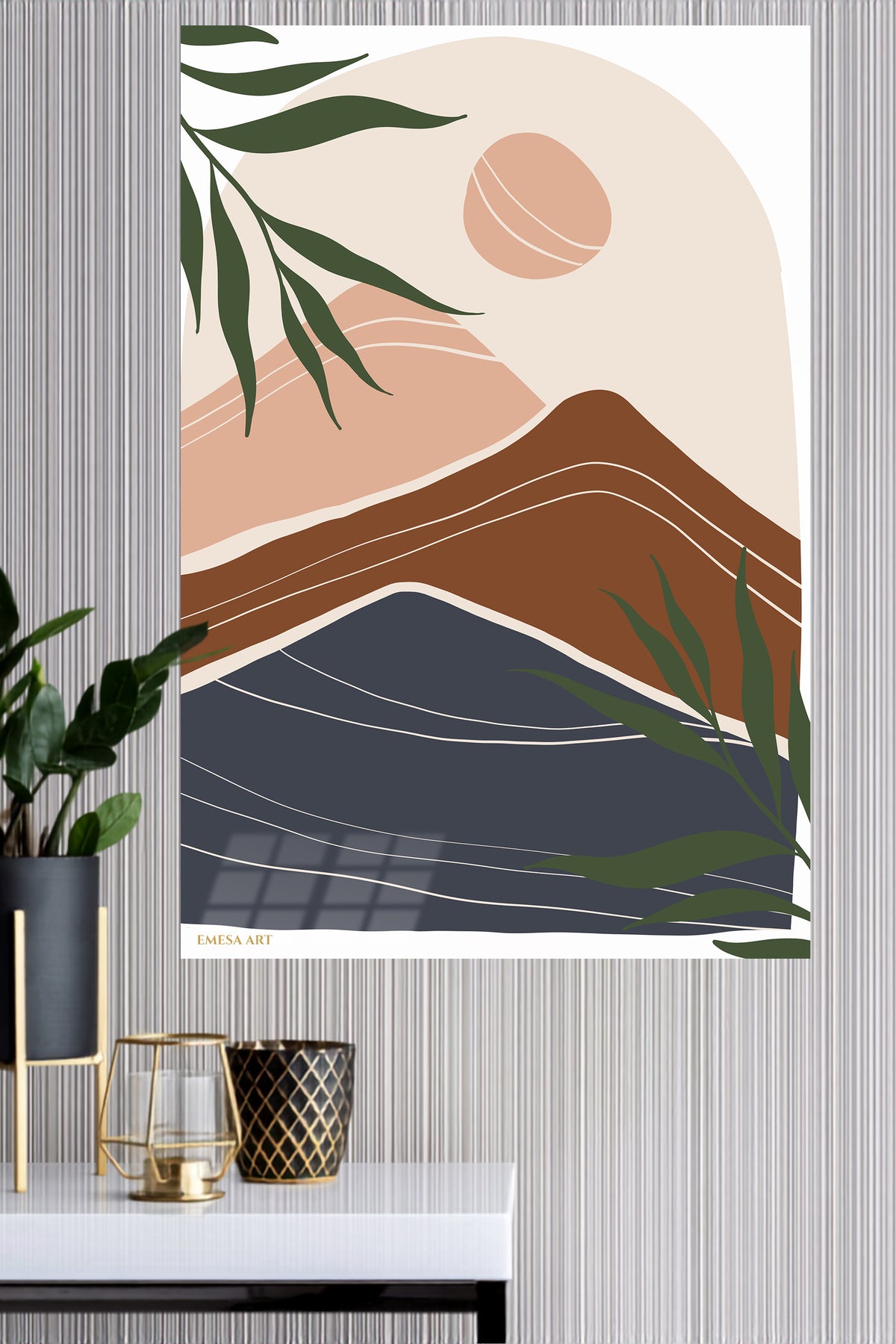 Earthy Mountain Sunscape metal wall art displayed in a modern interior