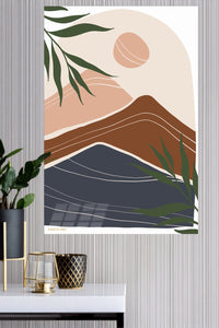 Earthy Mountain Sunscape metal wall art displayed in a modern interior