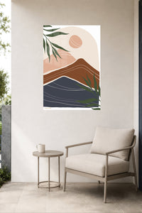 Earthy Mountain Sunscape metal wall art displayed in a contemporary living space