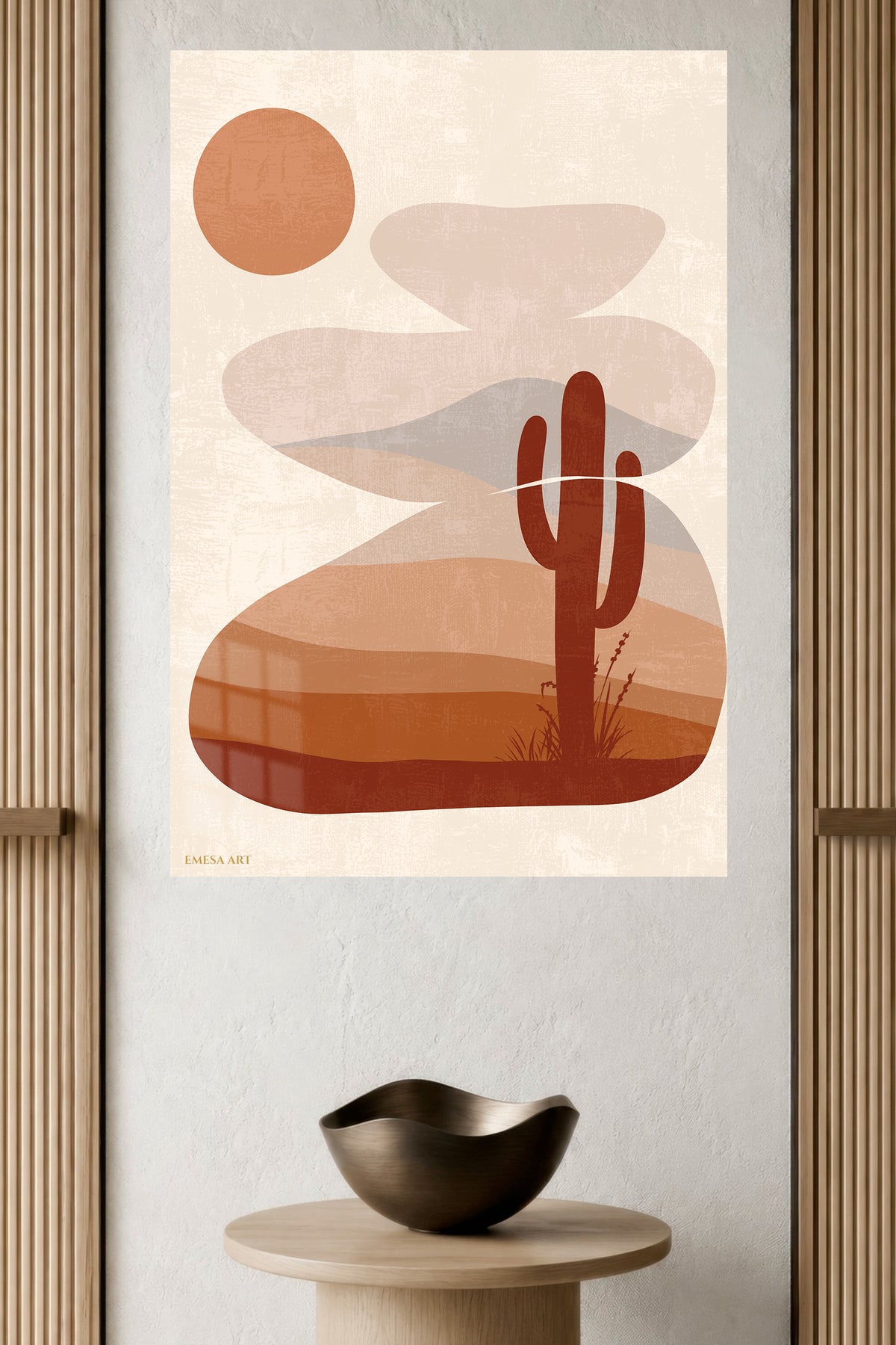Terracotta Desert Cactus metal wall art displayed in a modern interior