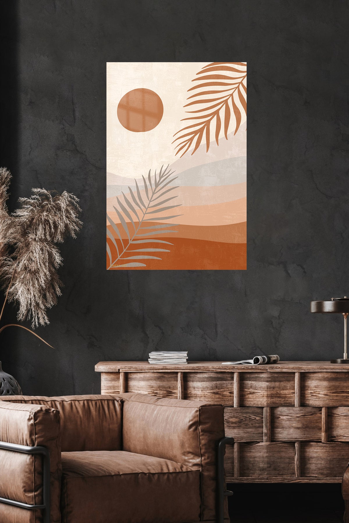 Terracotta Sun and Palm Fronds metal wall art displayed in a modern interior