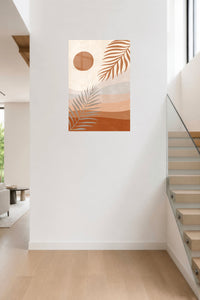 Terracotta Sun and Palm Fronds metal wall art displayed in a contemporary living space