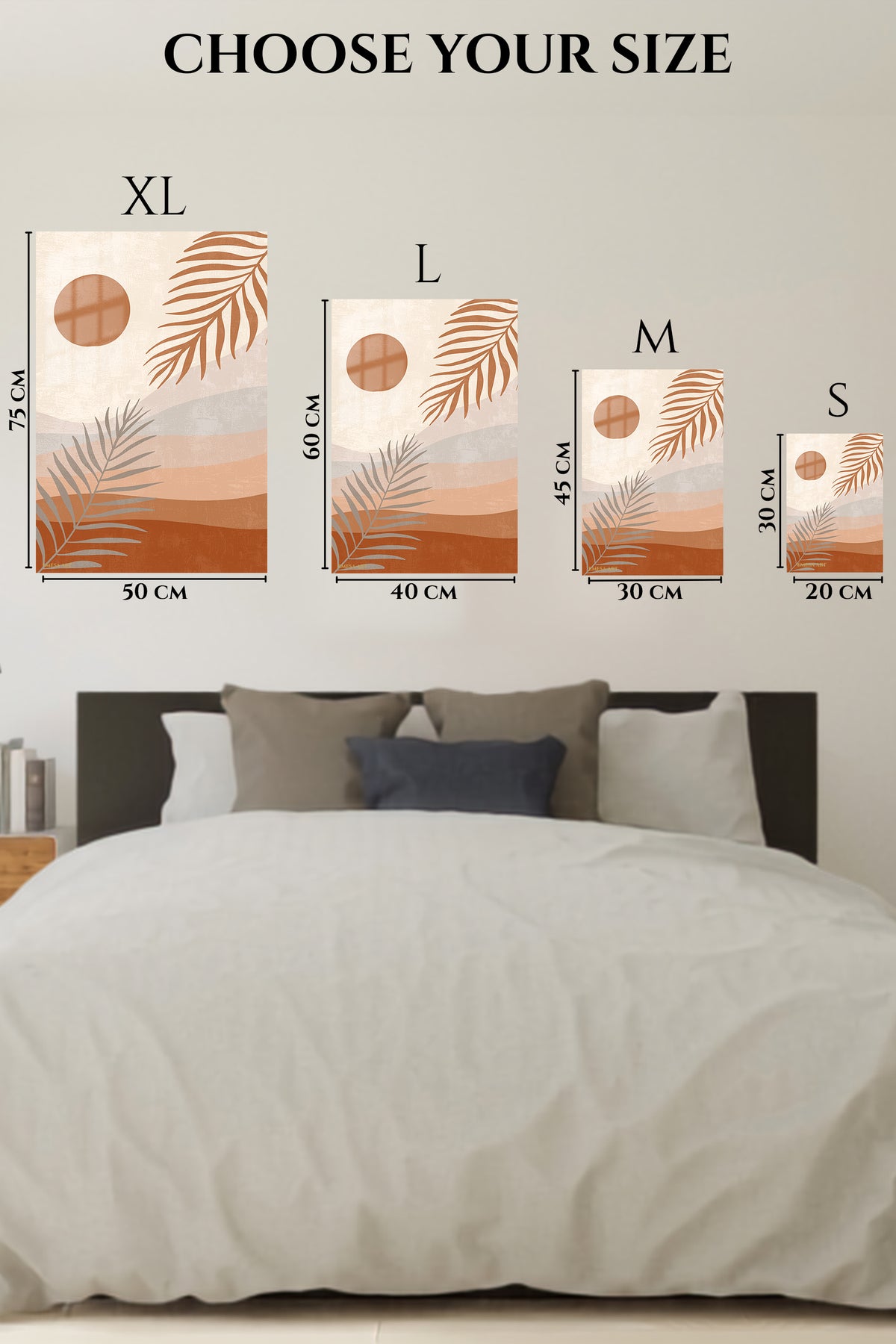 EMESA metal wall art size comparison guide for Terracotta Sun and Palm Fronds