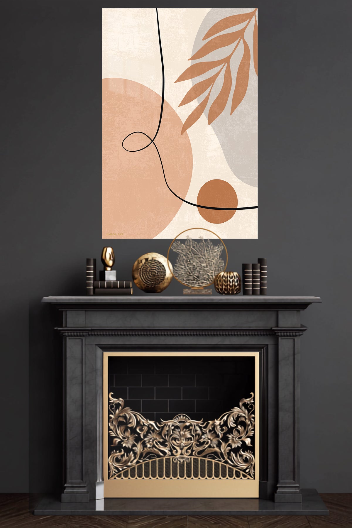 Terracotta Leaf Line Abstract metal wall art displayed in a modern interior