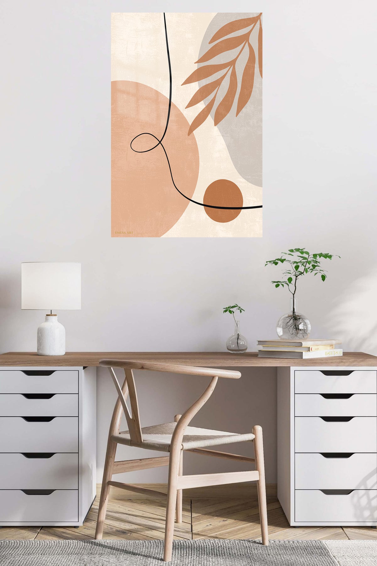 Terracotta Leaf Line Abstract metal wall art displayed in a contemporary living space