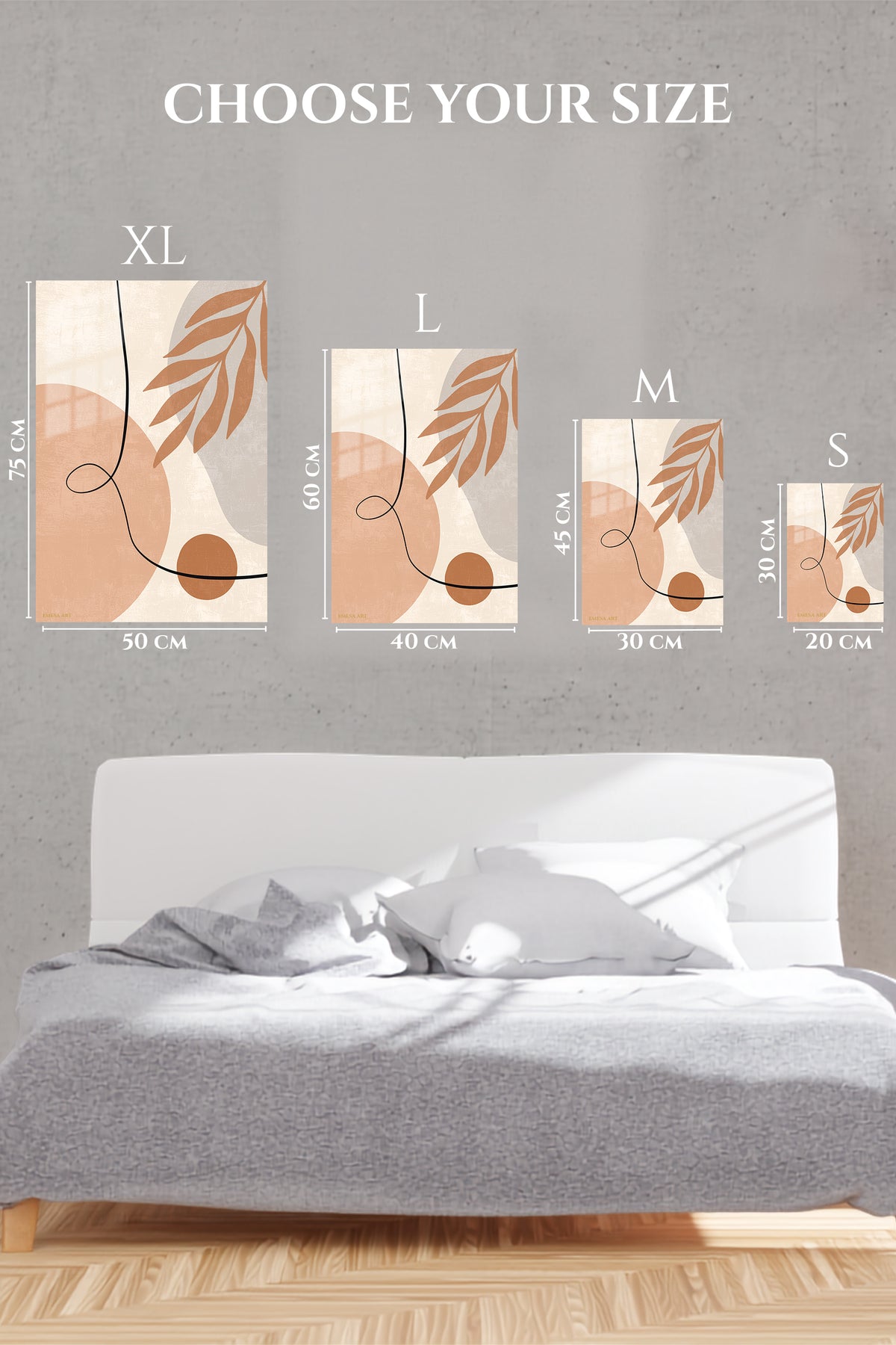 EMESA metal wall art size comparison guide for Terracotta Leaf Line Abstract