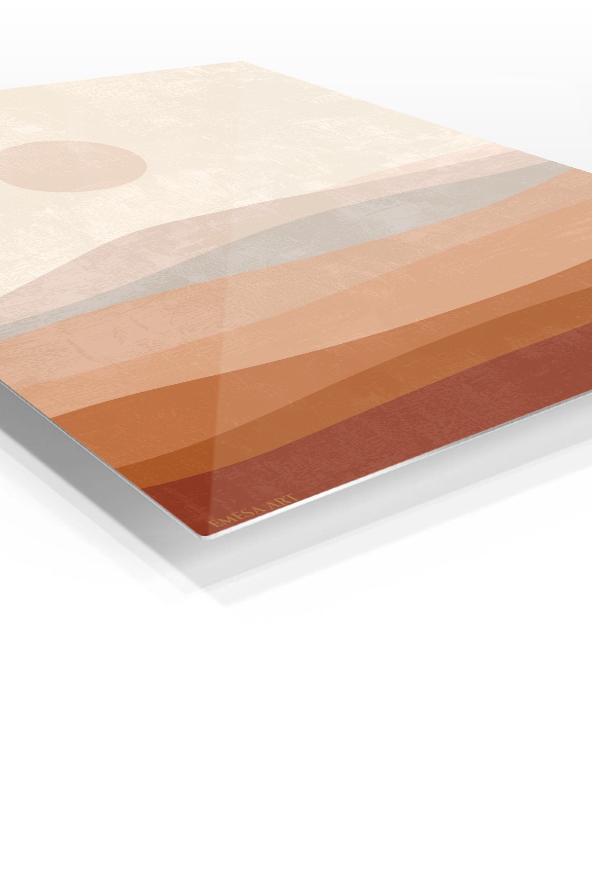 Terracotta Sun Over Layered Hills premium metal wall art – angled view