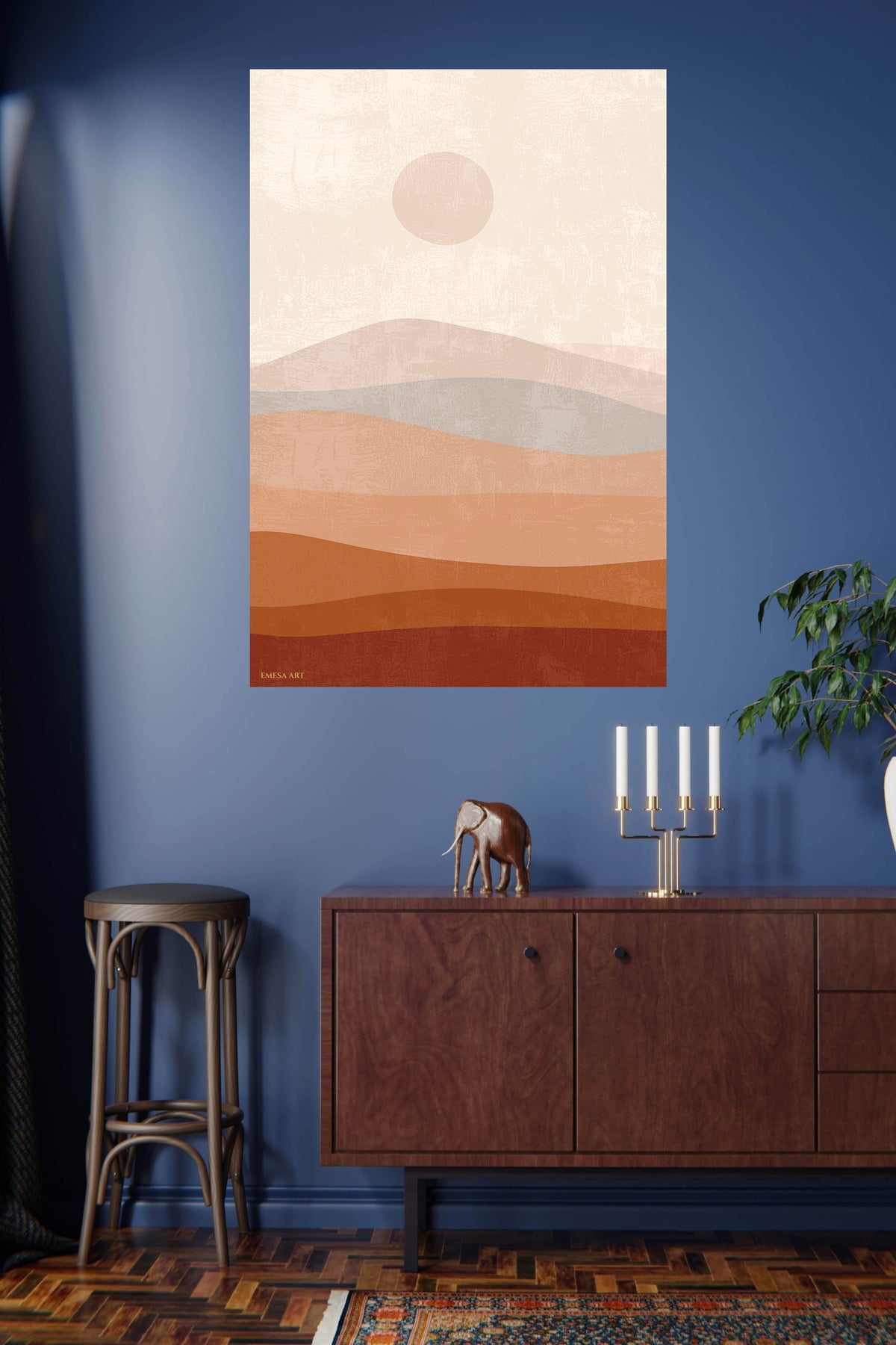 Terracotta Sun Over Layered Hills metal wall art displayed in a modern interior
