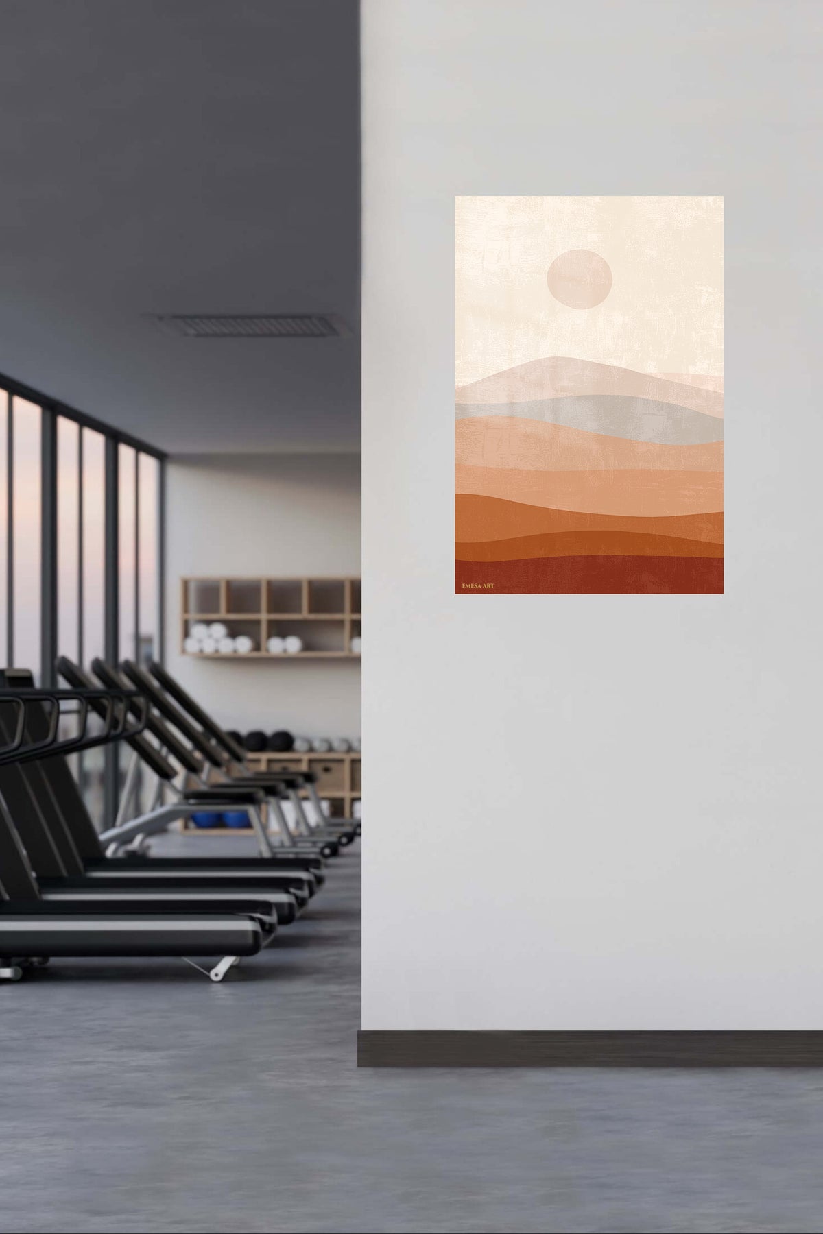 Terracotta Sun Over Layered Hills metal wall art displayed in a contemporary living space