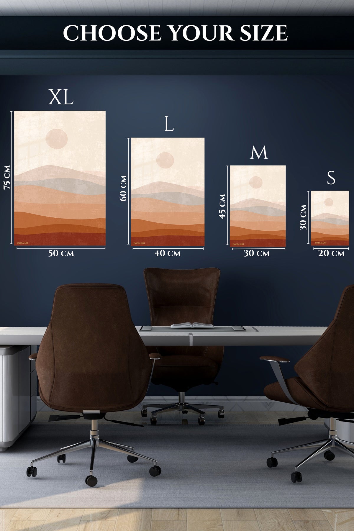 EMESA metal wall art size comparison guide for Terracotta Sun Over Layered Hills